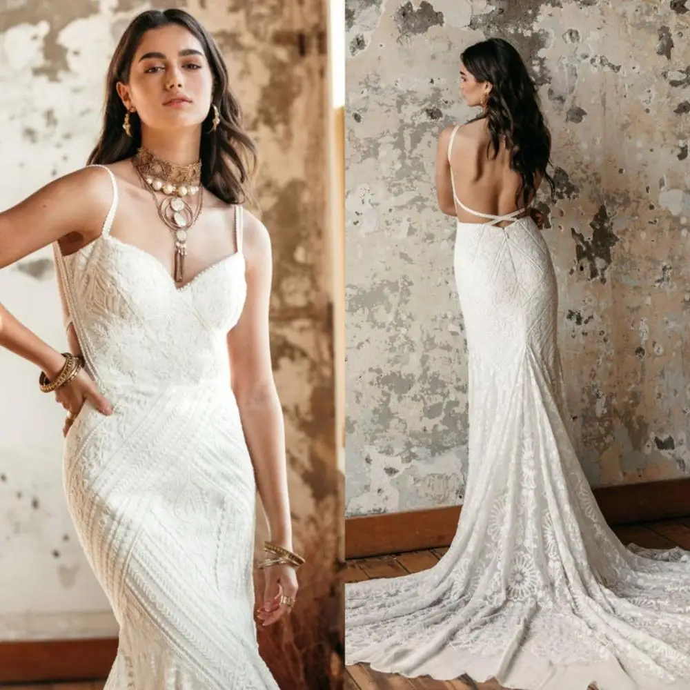 

Fashion Mermaid Wedding Dresses Spaghetti Straps Applique Lace Bridal Gowns Custom Made Sexy Open Back Sweep Train Wedding Dress