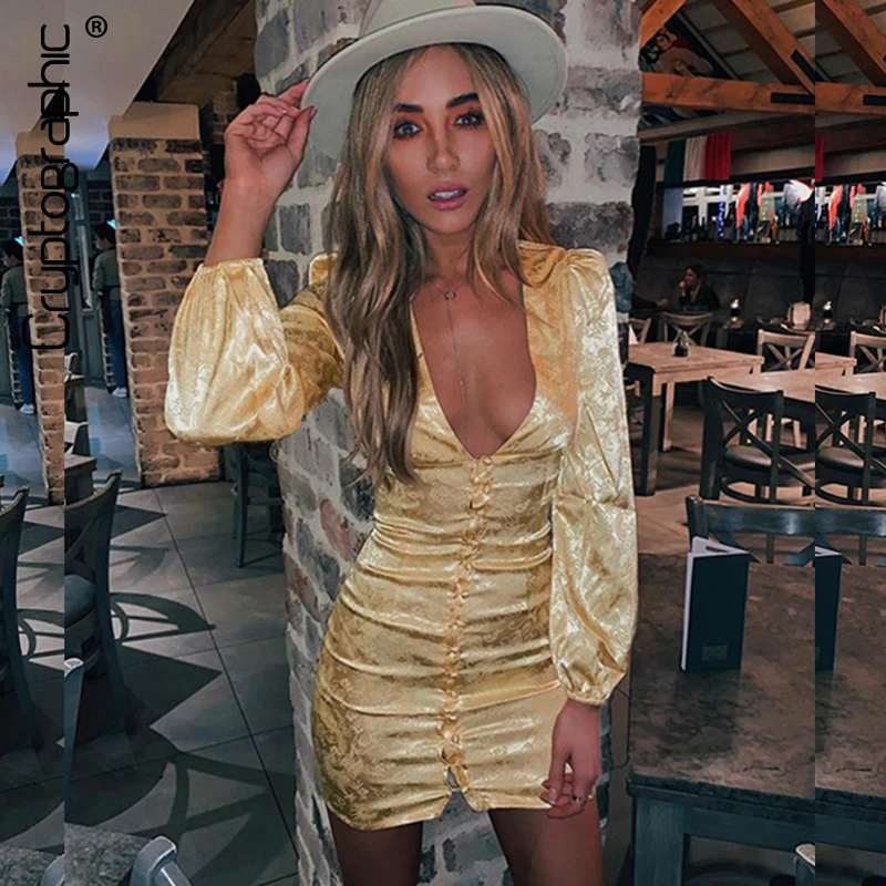 

Cryptographic Bubble Long Sleeve Woven Jacquard Women's Dress Buttons Sexy Deep V-Neck Female Date Night Mini Dresses 2020