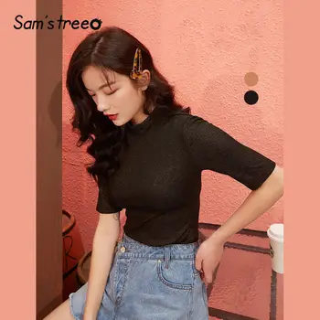 

SAM'S TREE Black Solid Elastic Minimalist Casual Bright Women T Shirts 2020 Spring Brown Pure Half Sleeve Ladies Daily Basic Top