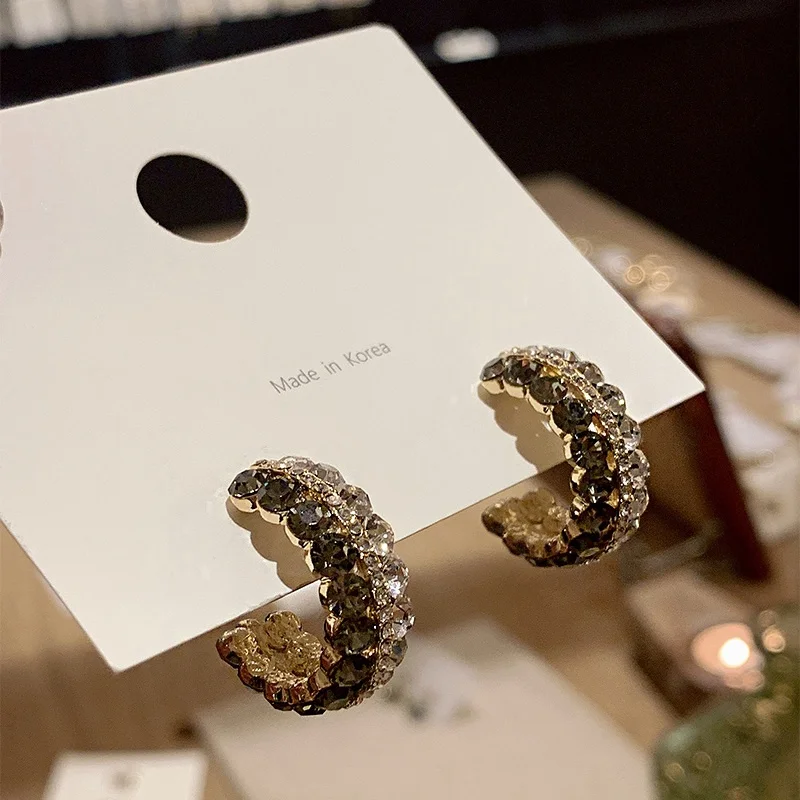 MENGJIQIAO новые модные блестящие серьги-кольца с двумя рядами кристаллов для женщин элегантные массивные вечерние ювелирные изделия для девочек в форме C