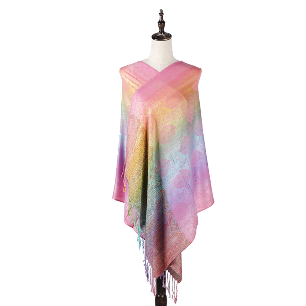 

Easy Clean Jacquard Weave Long Warm Protective Women Scarf Multifunctional Soft Rainbow Color Daily Ethnic Style Autumn Winter