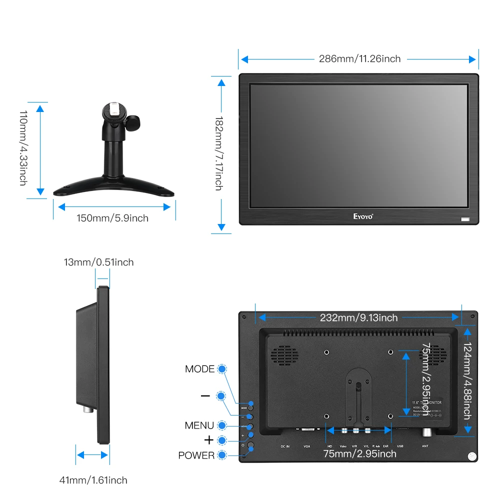 Eyoyo 12 дюймов EM12F CC ТВ монитор FHD 1920x1080 ips ЖК-экран дисплей ТВ HDMI VGA AV USB для ПК компьютер камера безопасности DVR DVD