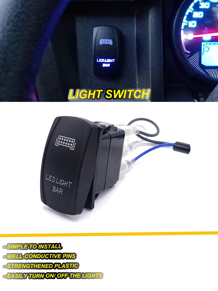 Laser LED Light Bar Rocker Switch ON-OFF LED Light 20A 12V, 5pin, Blue For Cars, Trucks, UTV, ATV, Boat, Tractor, Auto, 4x4, 4WD