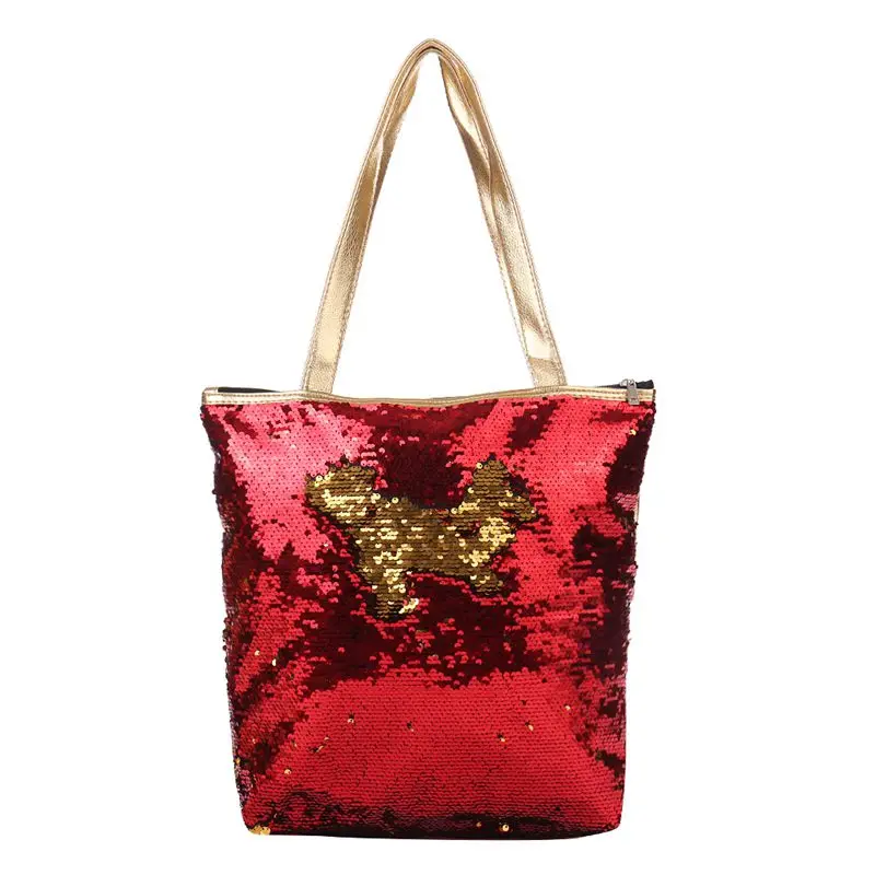 

ABZC-Women Girl Sequins Glitter Mermaid School Travel Rucksack Shoulder Bag(Red+Gold)