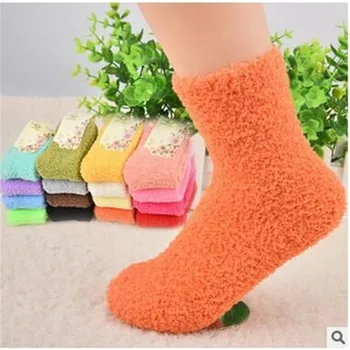 

Womens Winter Fluffy Long Socks Thick Warm Coral Fleece Sleep Floor Candy Color