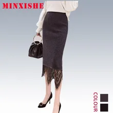 Юбки faldas женские Осень Зима вязаный свитер кружева сексуальная миди Длинная черная упаковка уличная Высокая талия saias юбки femme