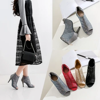 

2020 Summer Lace Fish Mouth Sandals Women's High Heel Shoes Mesh Thin Heel Open Toe Shoes Women Hollow Short Ankle Boots