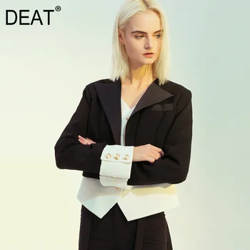 

DEAT 2020 New Spring Turn-down Collar Flare Sleeves Single Breasted Patchwork Short Jacket Female WK40701L