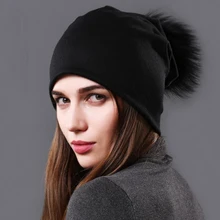 Зимние женские меховые шапки с помпонами, хлопковые толстые теплые шапочки с подкладкой, модные женские лыжные шапочки с помпонами, Мешковатые Лыжные шапочки больших размеров унисекс