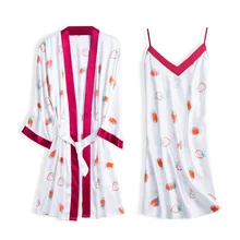 Ночное белье с принтом клубники, атласное Ночное платье с поясом, ночная рубашка с v-образным вырезом, одежда для сна, интимное нижнее белье, новинка, 2 шт., женское кимоно, Халат