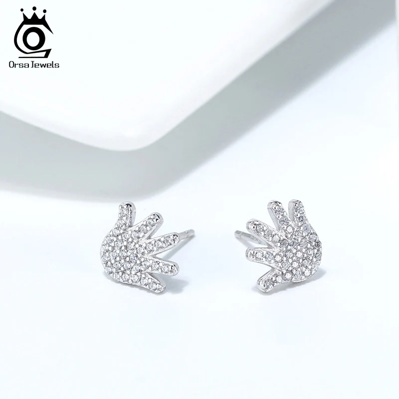 

ORSA JEWELS AAAA Zircon Gesture Stud Earrings Real 925 Sterling Silver Small Earring For Women Jewelry Party Gift OSE216