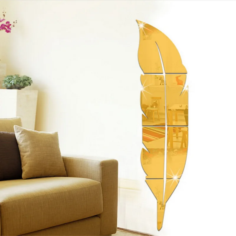 Removable 3D DIY Feather Background Mirror Wall Stickers Decal Art Vinyl Home Room Decor Acrylic Sticker Mural Wall Decoration