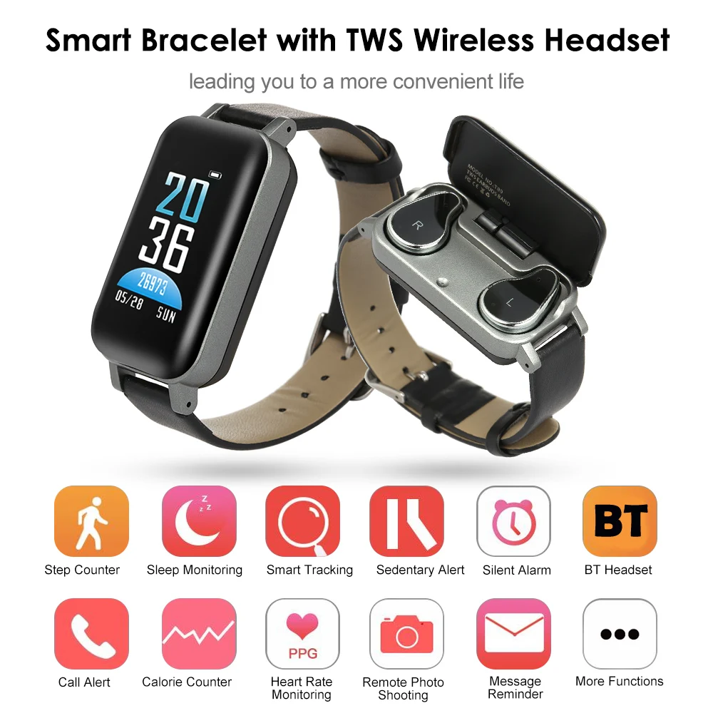 

Smart Wristband 2in1 TWS Wireless Earbuds Fitness Bracelet Tracker Bluetooth 5.0 Headphones Heart Rate Monitor Waterproof Watch