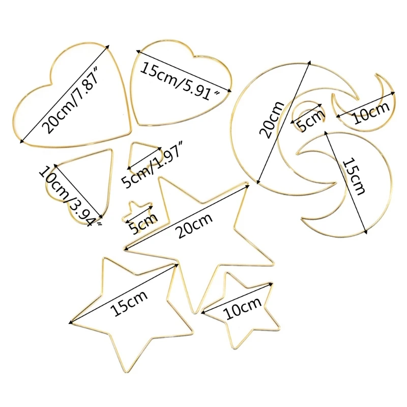 Set Di 4 Anelli Metallici Oro Per Macramè E Acchiappasogni - Stelle, Luna E Cuore, Diametri 5-20 Cm