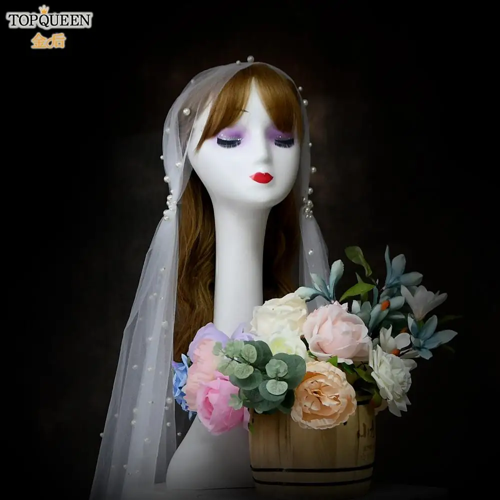 

TOPQUEEN V12 Ivory Veil with Pearls Wedding Veils for Brides Shoulder Length Veil Bridal Veil without Comb Veil with Blusher