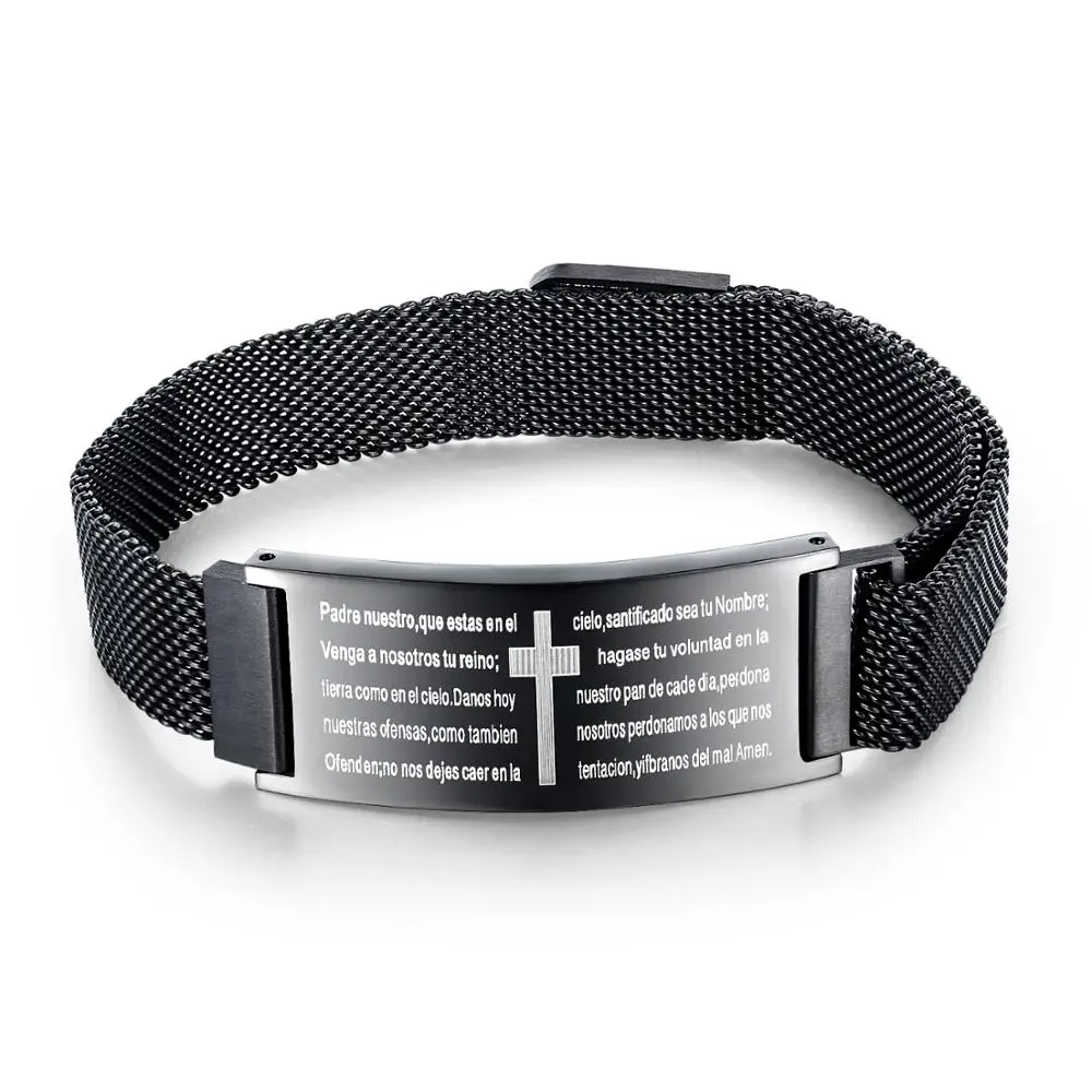 

Retro Cross Black Stainless Steel Mesh Belt Scripture Men's Bracelets 2020 Fashion Adjustable Cuff Jewelry Accessories Bracelets