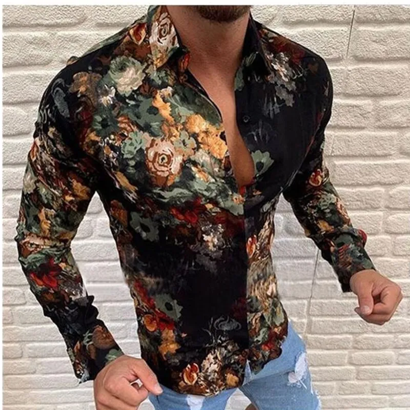 

Gothic style Men's Long Sleeve Print Shirt Vacation Single Breasted header Stand Collar Button Loose Shirt Apparel Comfort Top