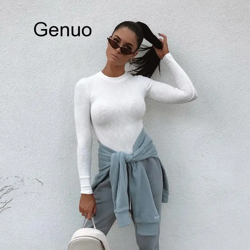 

Casual White Skinny Long Sleeve Bodysuit Women Sheer Body Solid Basic Ribbed Bodycon Jumpsuit Bodysuits Autumn Bodies