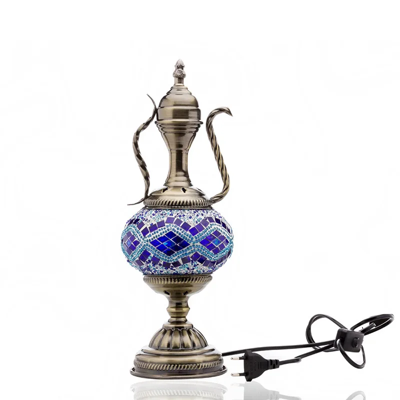 Turkish Style Exotic Retro Glass Decorative Table Lamp Coffee Pot Living Room Bedroom Bedside Led Night Light