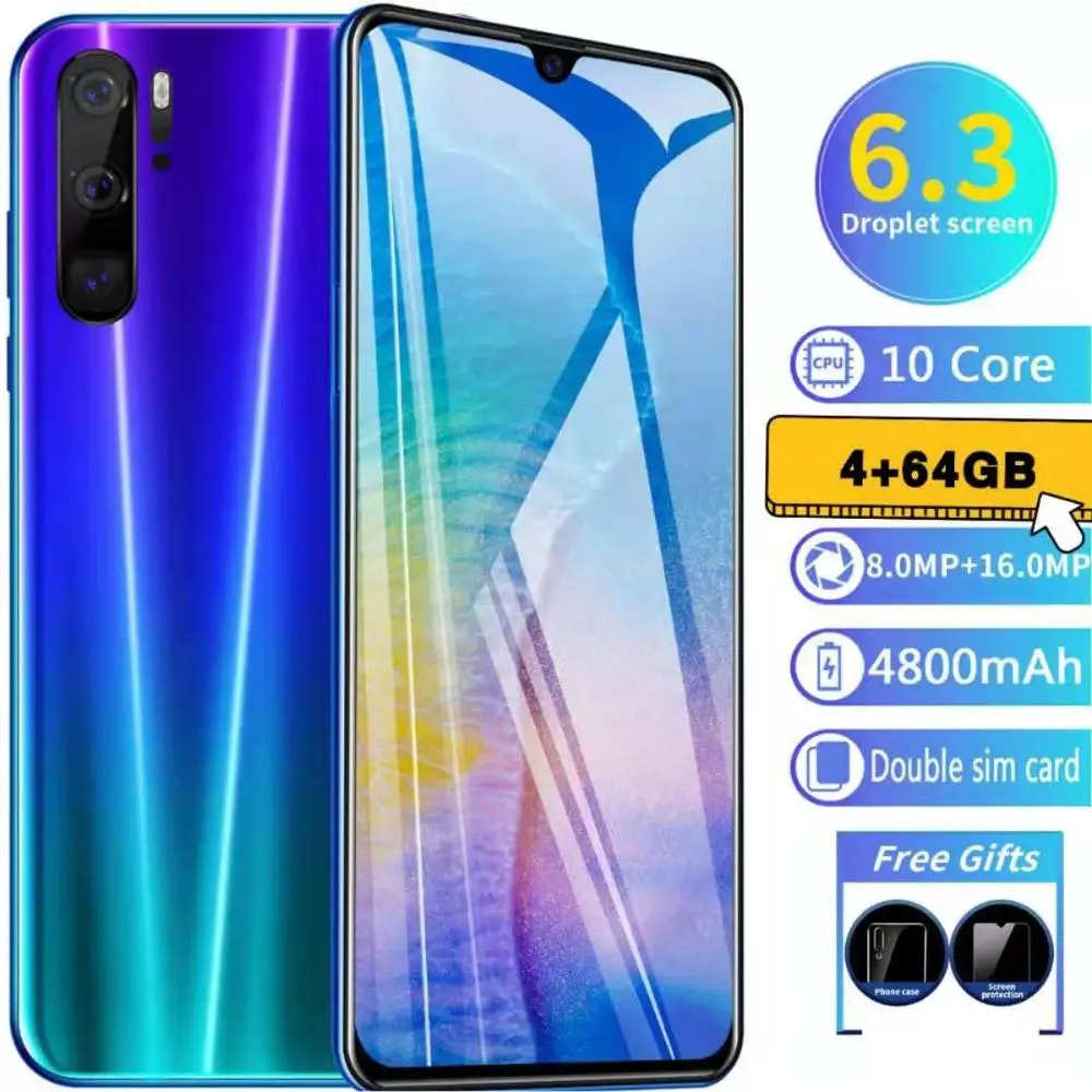 

P80Cross-border mobile phone 6.3-inch water drop screen mobile phone 4+64G smart phone. Fingerprint recognition, face recogniti