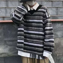 Зимний полосатый свитер, мужской теплый модный ретро вязаный пуловер, Мужская Уличная одежда, свободные свитера с v-образным вырезом, мужской свитер, одежда