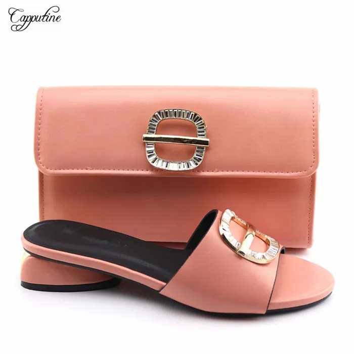 

Elegant peach lady medium heel slipper shoes and bag sets for party YY019, heel height 4cm