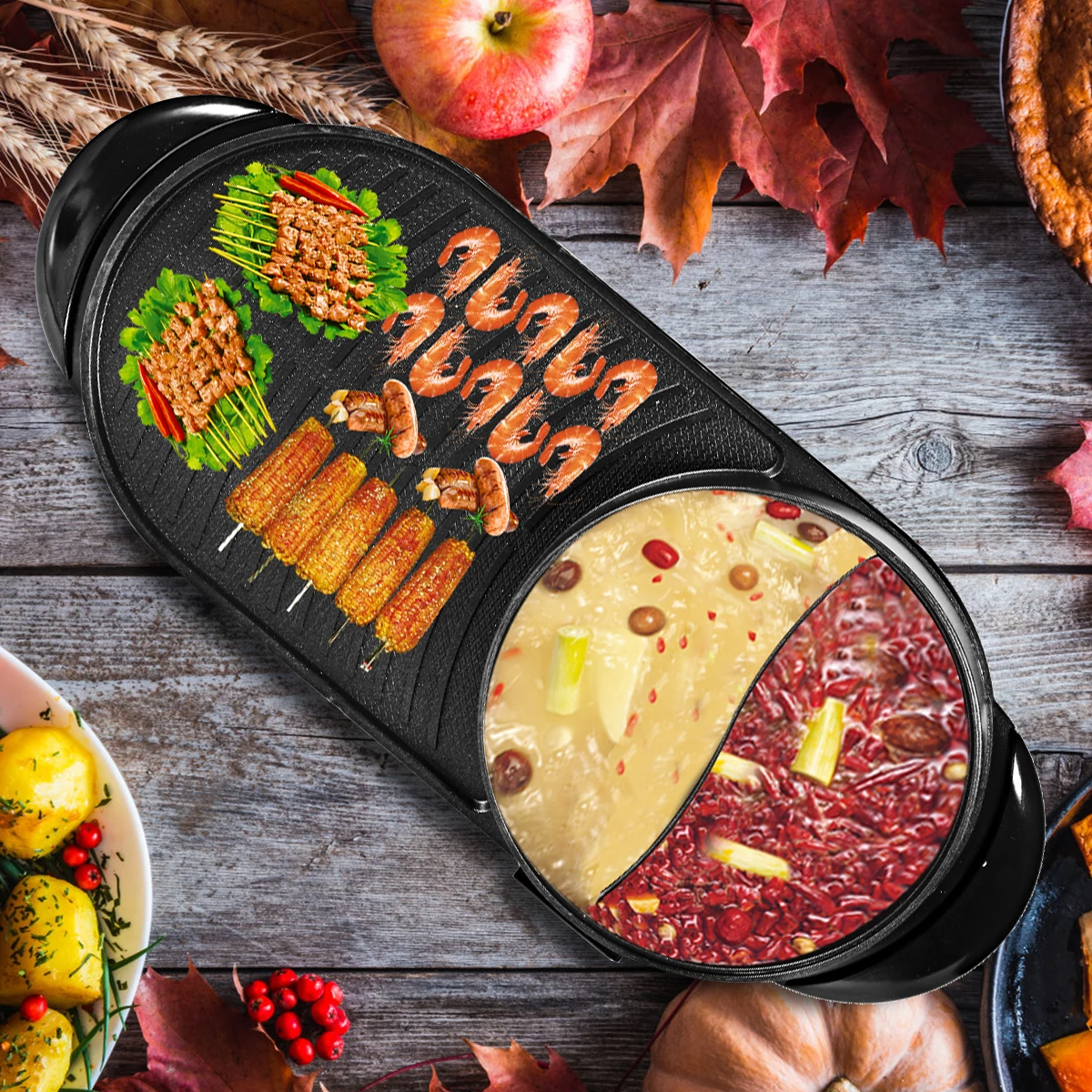 Larger 1200W 2 in 1 Electric Hot Pot Oven Smokeless Barbecue Pan Shabu Non-Stick BBQ Griddle Home Hotpot Baking Plate | Бытовая техника