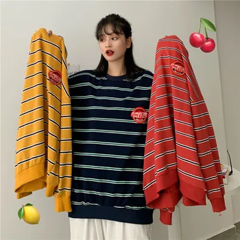 

2019 Autumn stripe Long sleeve men t shirt teen fashion Casual Bottoming clothes Korea style Oversized Loose Couples streetwear