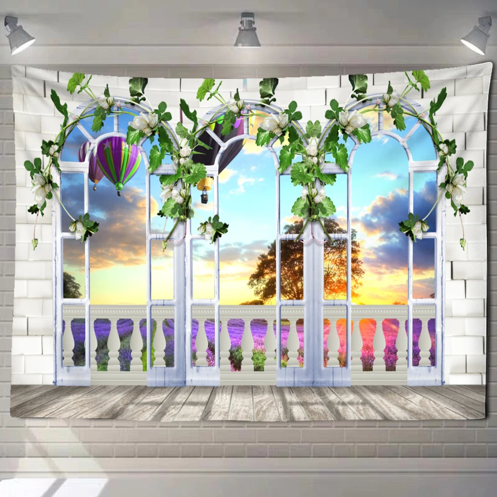 Tapestry Decorations Beach Landscape Window Painting Tapestry Wall Hanging Hippie Tapiz Psychedelic Art Background Home Decor