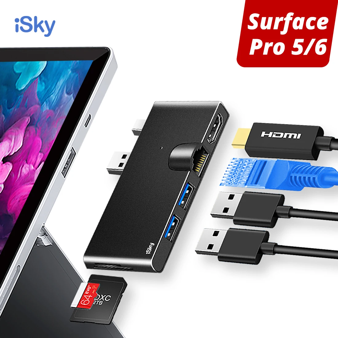 ISky для microsoft Surface usb-хаб для Surface Pro5 Pro6 концентратор Порт репликатор USB3.0 HDMI LAN Ethernet SD TF