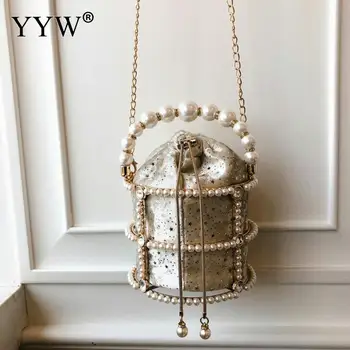 

Hollow Out Pearl Bucket Evening Bag Women 2020 Luxury Designer Korean Handmade Alloy Metal Clutch Bag Ladies Shoulder Bags