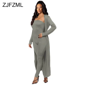 

Autumn Winter Solid 2 Piece Sets Women Backless Sleeveless Bandage Overalls and Full Sleeve Long Jacket Plus Size Causal Set