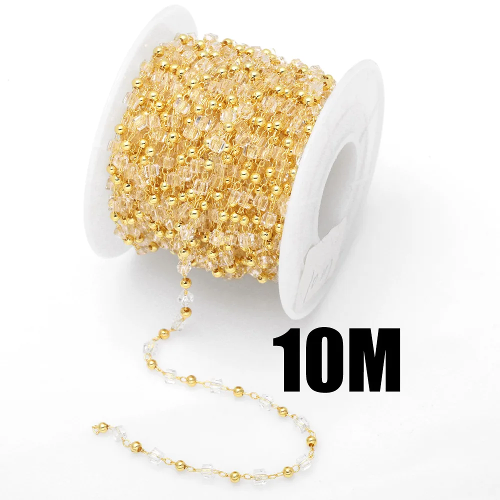 OCESRIO 10M Transparent Crystal Beaded Chain for Necklace Gold Plated Brass Bracelet DIY Components Jewelry Making cana054