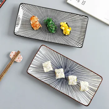

Japanese Sushi Plates Japanese Cuisine Rectangle Tray Abstract Stripe Pattern Dinnerware Porcelain Decorative Sushi Tableware