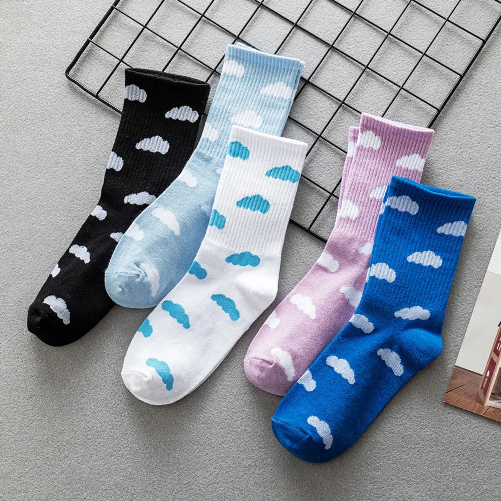 Women Sports Socks White Fitness Running Casual Clouds Cotton With Print Cute Japanese Style Anime | Женская одежда
