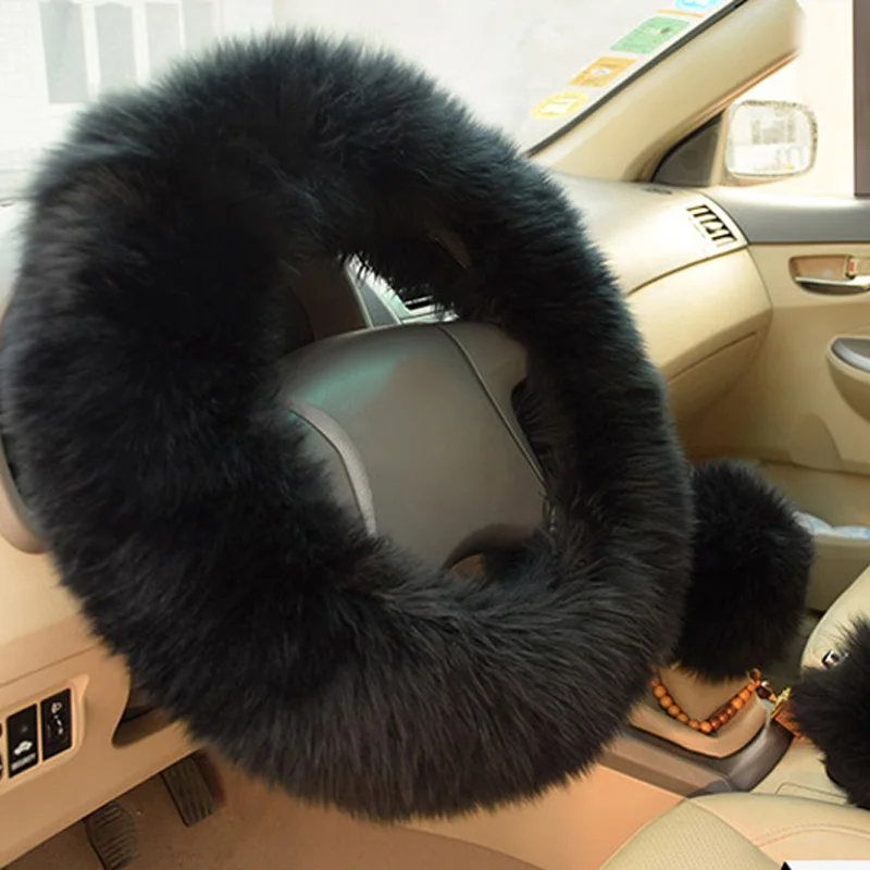 

3pc Set Plush Steering Wheel Cover Fluffy Decal Decoration Styling Wool Handbrake Hood Steering Covers Car Accessory 36-38cm
