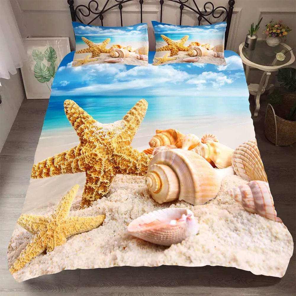 

3d Bedding Set Bed Cover Starfish Printed Single Bed Linens Beach View Duvet Cover Queen King Size