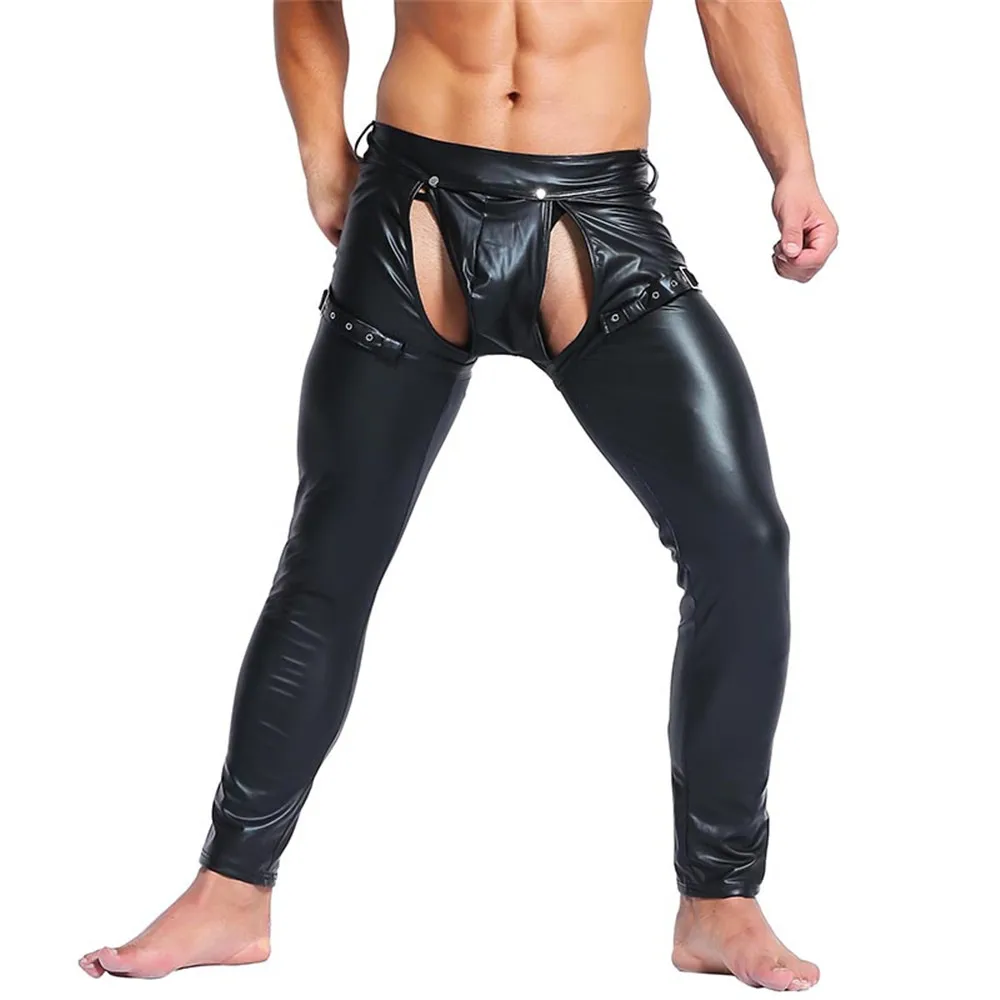 5 Mens-Faux Leather-Tight-Pants-Wetlook-Legging-PVC-long-Tousers