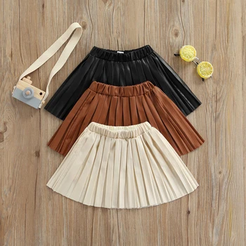 Fashion Toddler Children Clothing School Solid Girls Skirt Bottoming  Princess PU Leather Pleated Mini Skirts Summer Kids Clothes