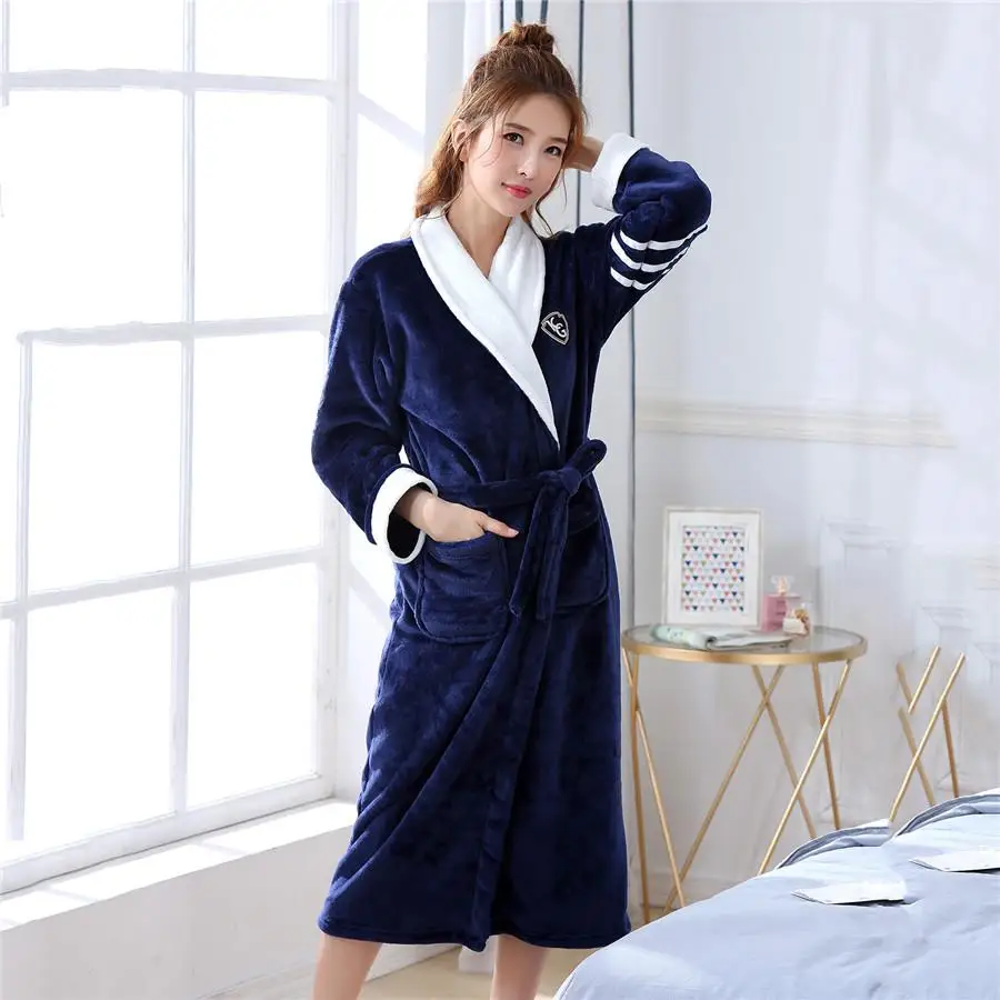 Ультра плотный халат для мужчин мягкий коралловый флис свободное кимоно халат сексуальный удобный неглиже зима домашний халат - Цвет: Navy Blue 2 Women