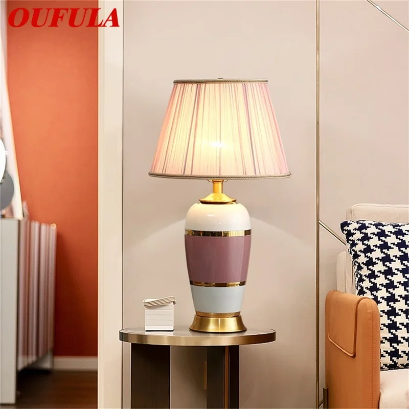 OUFULA Ceramic Table Lamps Pink Copper Desk Light Luxury Modern Fabric Decorative for Home Living Room Dining Room Bedroom