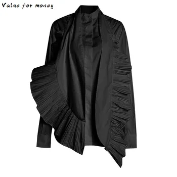 

Spring New 2020 Autumn Stand Collar Long Sleeve White Pleated Spliced Loose Two Piece Shirt Women Blouse Fashion