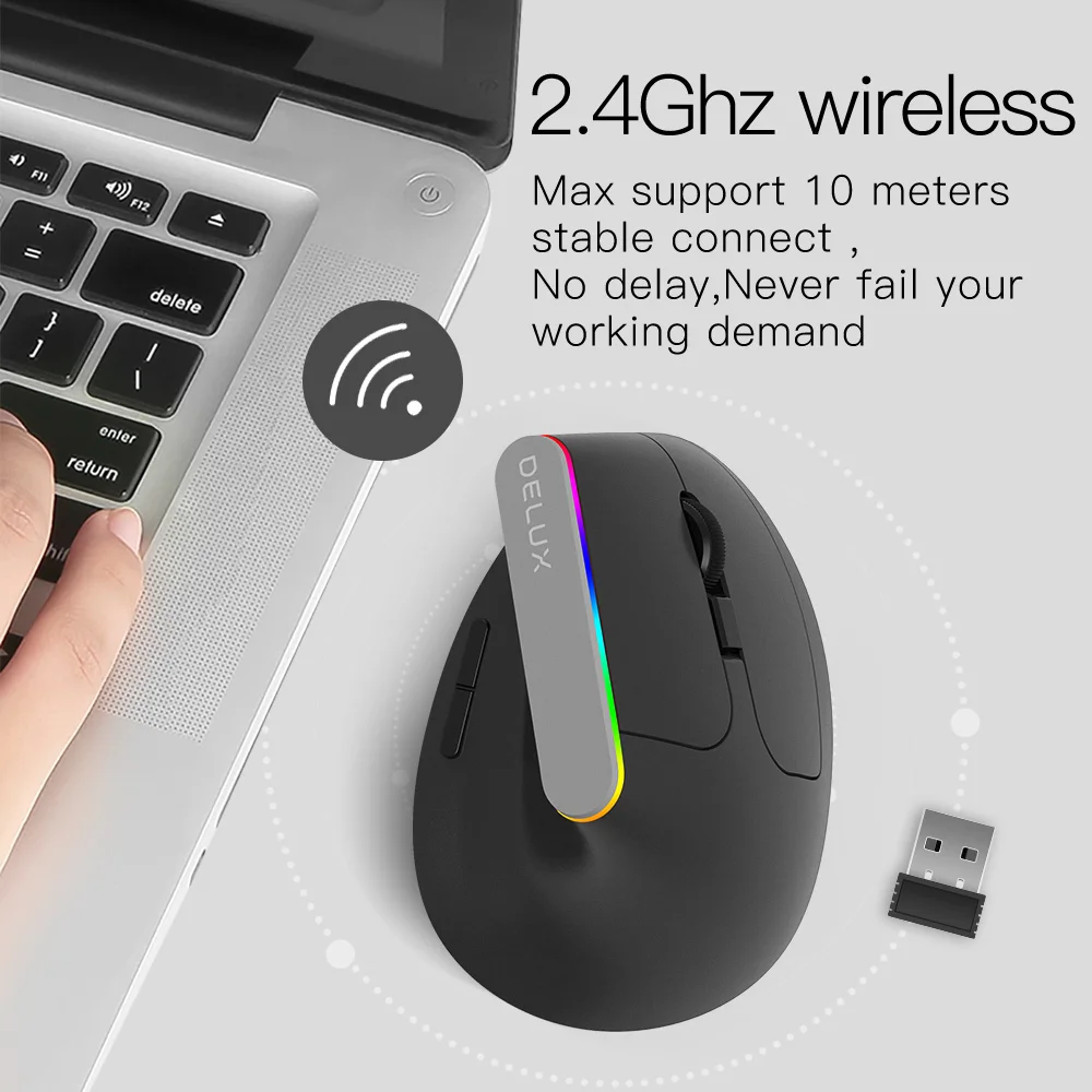 Delux M618C Ergonomic Vertical Mouse Wireless 2.4GHz 6 Buttons Gaming Mouse gamer RGB 1600 DPI Vertical Mice For PC Laptop