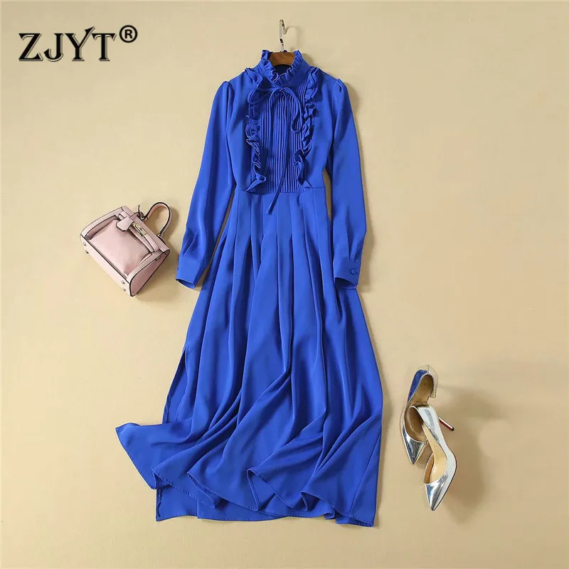 

Europe Fashion Autumn Long Runway Dresses 2019 Women High Quality Full Sleeve Ruffle Collar Solid Blue Aline Elegant Prom Party Dress robe femme vestidos