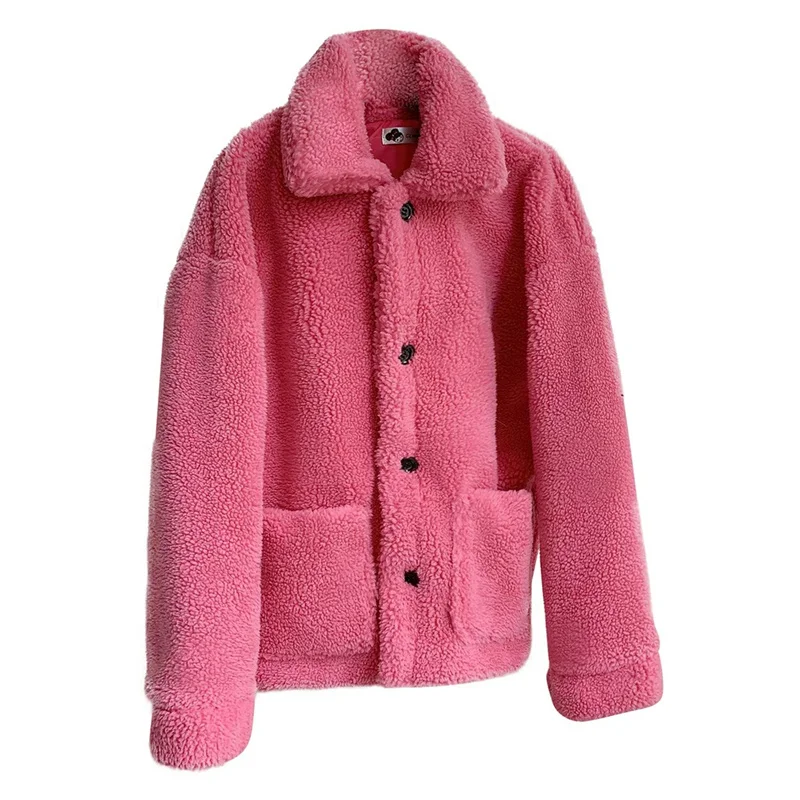 Hot Pink Зимняя женская куртка с меховым воротником, модное женское бархатное однотонное пальто с круглым вырезом и отворотом средней длины, пальто с карманами из искусственного меха - Цвет: Hot Pink