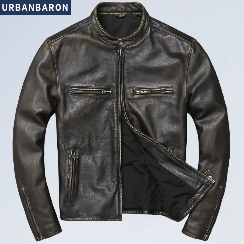 Factory New Men Vintage Red Motorcycle Real Cowhide Rider Winter Russian Coat Free Shipping