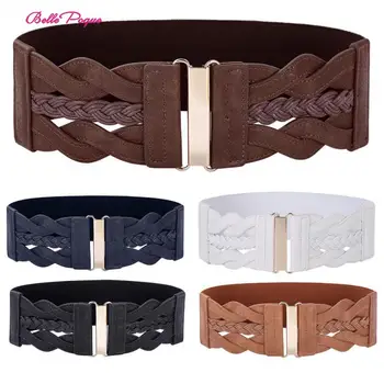 

Women Ladies Braided Waistband Waist Belt Polyurethane Leather+Elastic 3"