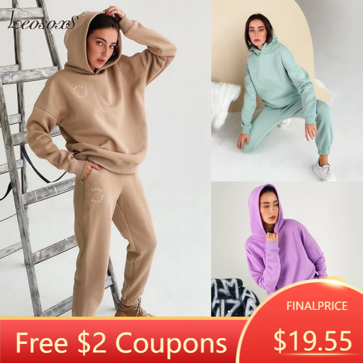 

Women Tracksuits Autumn Winter Thick Warm Solid Suit 2 Pieces Sets Female Casual Long Sleeve Hooded Sweatshirt Outfit