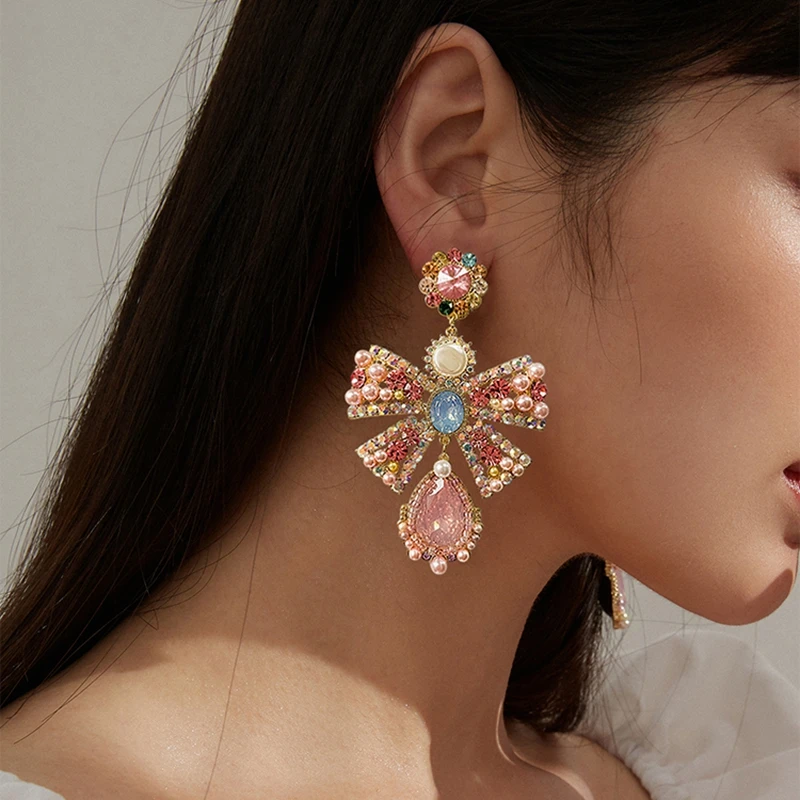 MENGJIQIAO Korean Luxury Pink Rhinestone Bowknot Drop Earrings For Women Fashion Waterdrop Crystal Pendientes Party Jewelry 4
