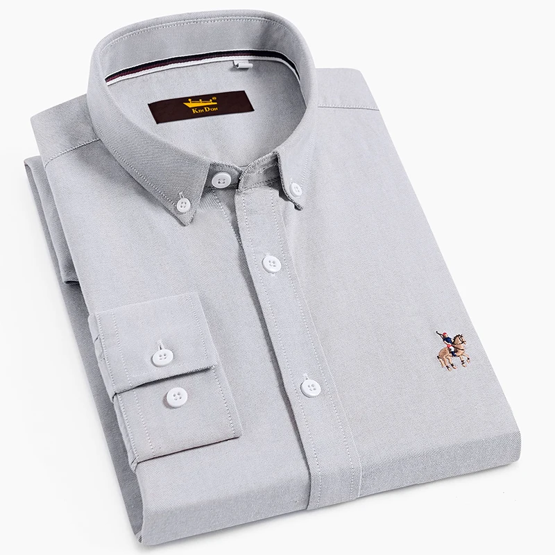 Men's Standard-fit Long-Sleeve Solid Oxford Shirt with Embroidered Logo Comfortable Soft Cotton Button-down Casual Shirts